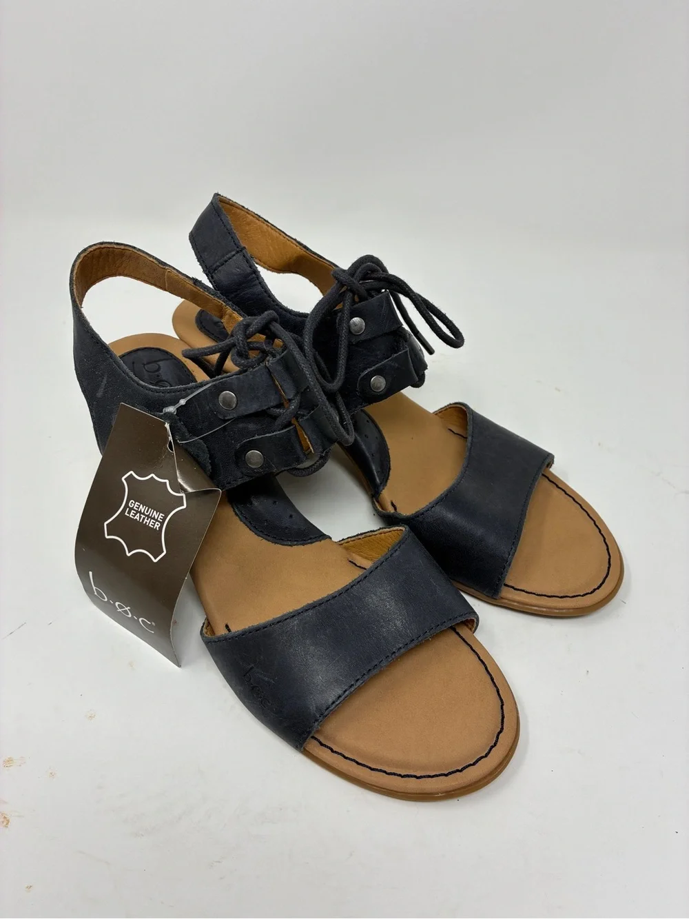 b.o.c. Navy Leather Lace-Up Slingback Sandal Heel